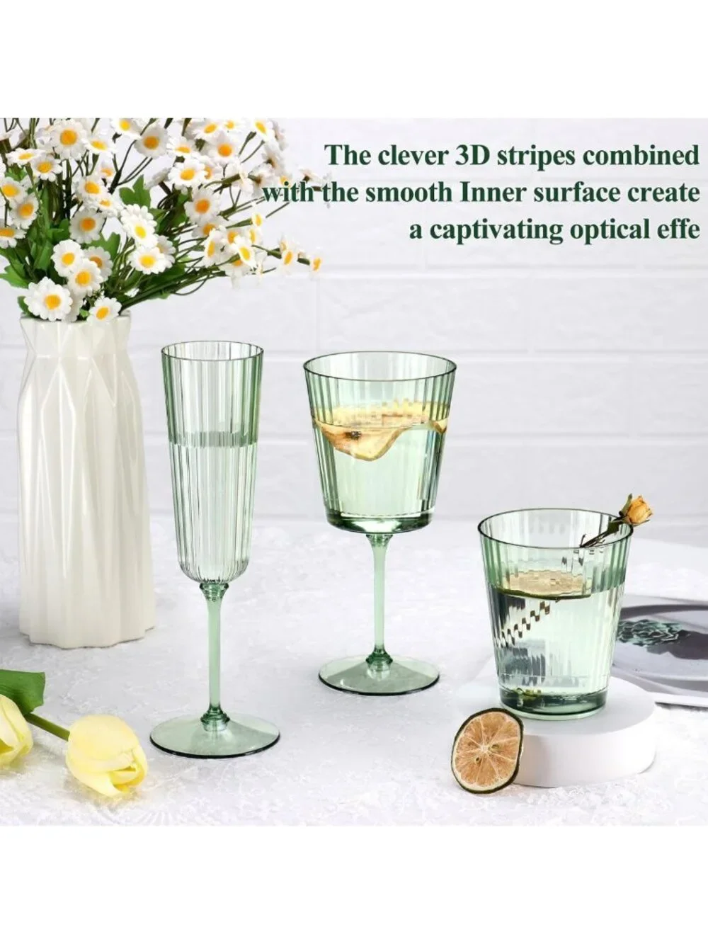 48 Pack Sage Green Unbreakable Champagne Flutes - Ribbed Disposable Wine Glasses